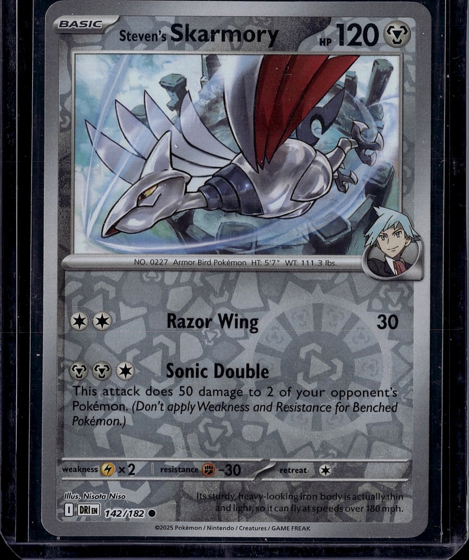 Steven's Skarmory 142/182 Pokemon Scarlet & Viole: This is Steven's Skarmory, a Basic Metal-type Pokemon card from the Scarlet & Violet expansion set (Card #142/182). The card features 120 HP and two attacks: Razor Wing (2 Metal energy) dealing 30 dam