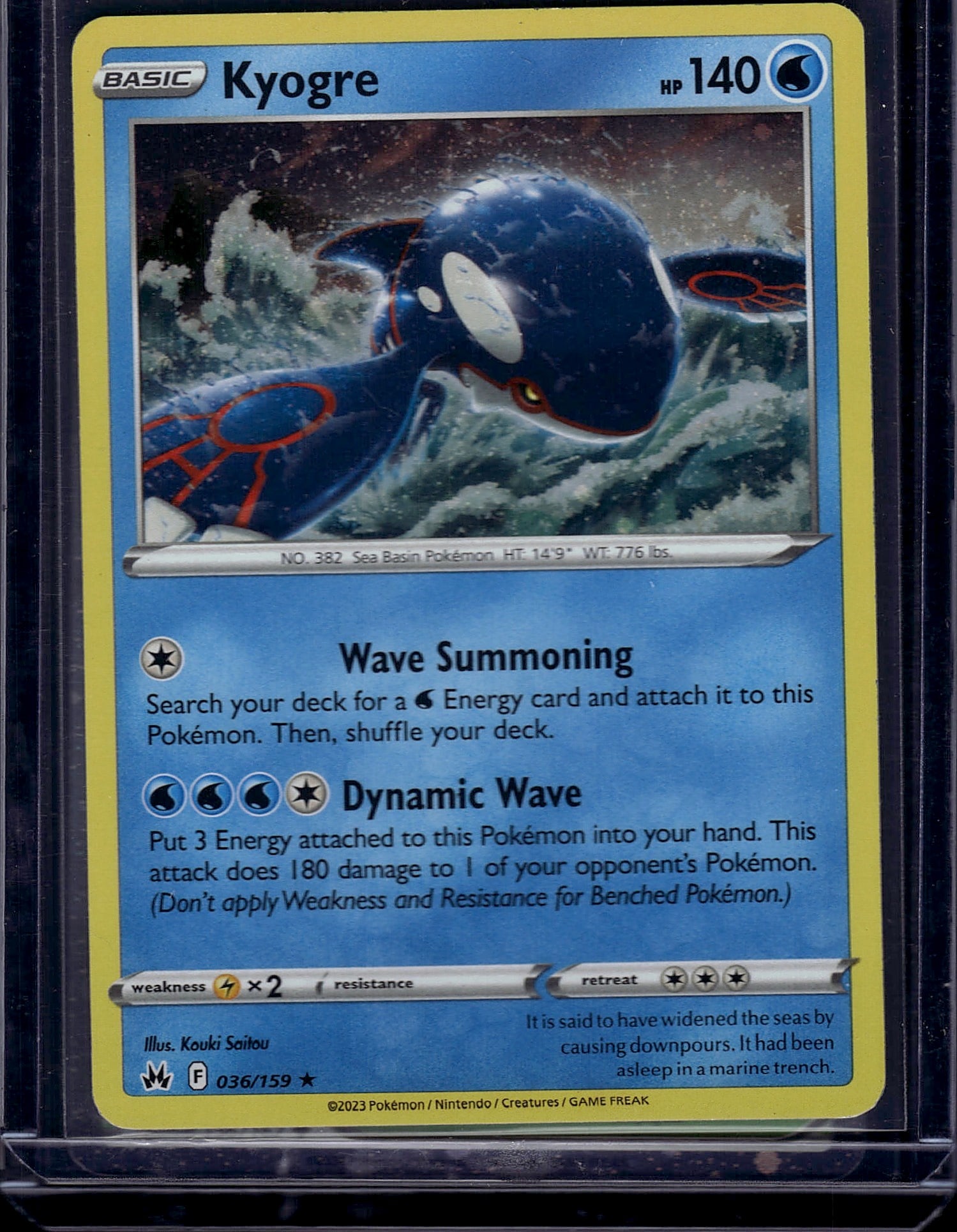 Kyogre 036/159 Scarlet & Violet Pokemon Card - Ne: This is a raw Kyogre Pokemon trading card from the 2023 Scarlet & Violet set, card number 036/159. Kyogre is a highly sought-after Water-type Basic Pokemon with 140 HP featuring the iconic artwork by 