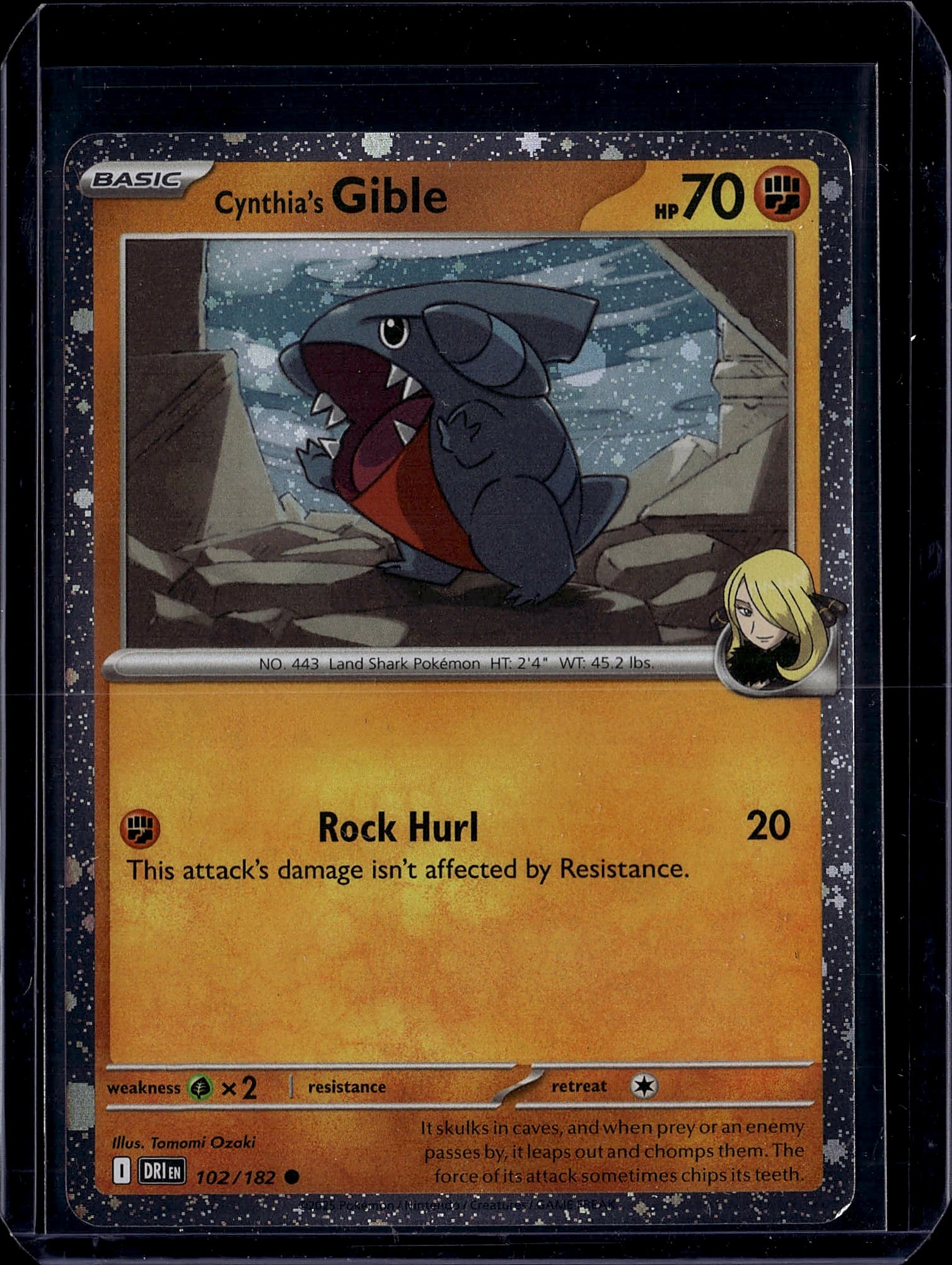 Cynthia's Gible 102/182 Platinum Pokemon Card - L: This is a raw Cynthia's Gible Pokemon card from the Platinum set (Card #102/182), featuring the Land Shark Pokemon with 70 HP and a Fighting-type attack. The card showcases Cynthia's iconic blonde cha