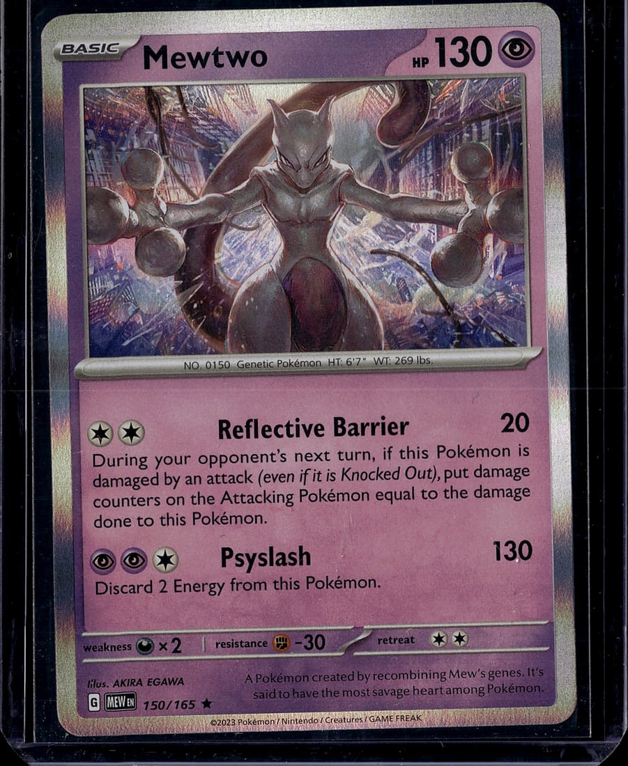 Mewtwo 150/165 Scarlet Violet Pokemon Card Single: This is a raw Mewtwo Pokemon card from the Scarlet & Violet set, card number 150/165. The card features stunning artwork by Akira Egawa depicting the iconic Genetic Pokemon in a powerful psychic displ