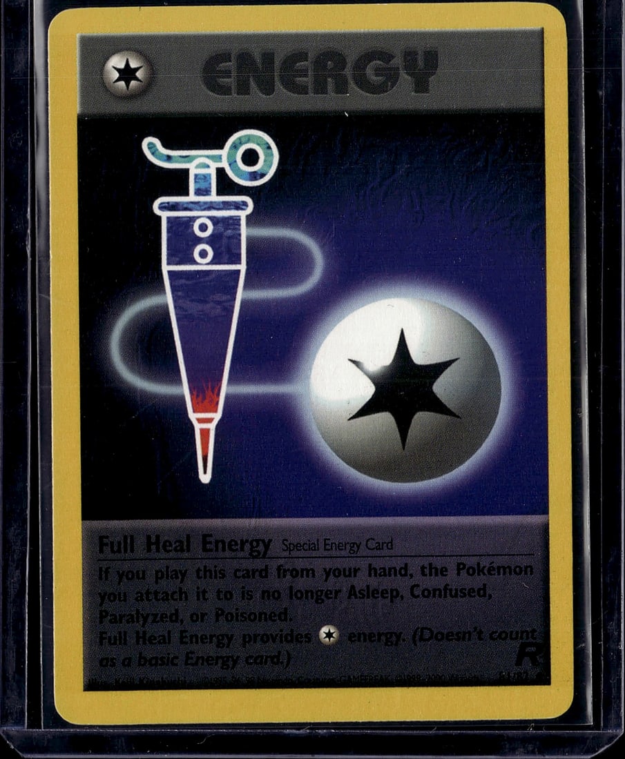 Full Heal Energy Pokemon Base Set 98/102 Special: This is a Full Heal Energy special energy card from the iconic Pokemon Trading Card Game Base Set, released in 1999. Card #98/102 features the distinctive artwork of a healing apparatus with an orb an