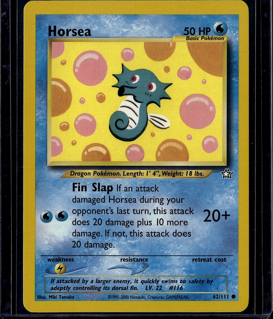 Horsea 62/111 Pokemon Base Set Single Card - Wate: This is a Horsea Pokemon trading card from the iconic Base Set, featuring card number 62/111. Horsea is a Basic Dragon-type Pokemon with 50 HP, illustrated by Miki Tanaka. The card displays the classi