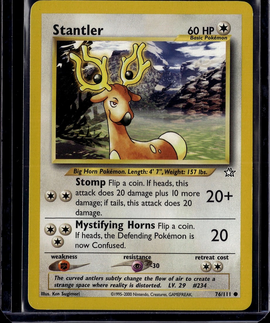 Stantler 76/111 Neo Genesis Pokemon Card - Vintag: This is an ungraded raw Stantler Pokemon card from the Neo Genesis set, card number 76/111. Released in 2000, this vintage Basic Pokemon features the iconic Big Horn Pokemon with its distinctive curve