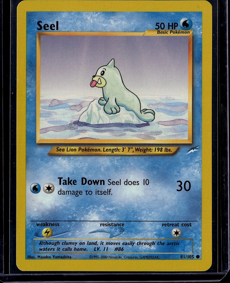 Seel Pokemon Base Set Card #81/105 - 50 HP Water: This is a vintage Seel Pokemon card from the Base Set, card #81/105. A Sea Lion Pokemon standing at 3'7" and weighing 198 lbs, Seel is a basic Water-type Pokemon with 50 HP. The card features the clas