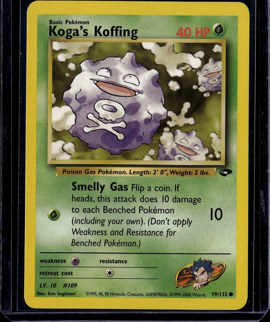Koga's Koffing 79/132 Base Set Pokemon Card 1999: This is an authentic vintage Pokemon card from the original Base Set (1999), featuring Koga's Koffing, card number 79/132. As a Basic Poison Gas Pokemon with 40 HP, this card showcases the iconic artw