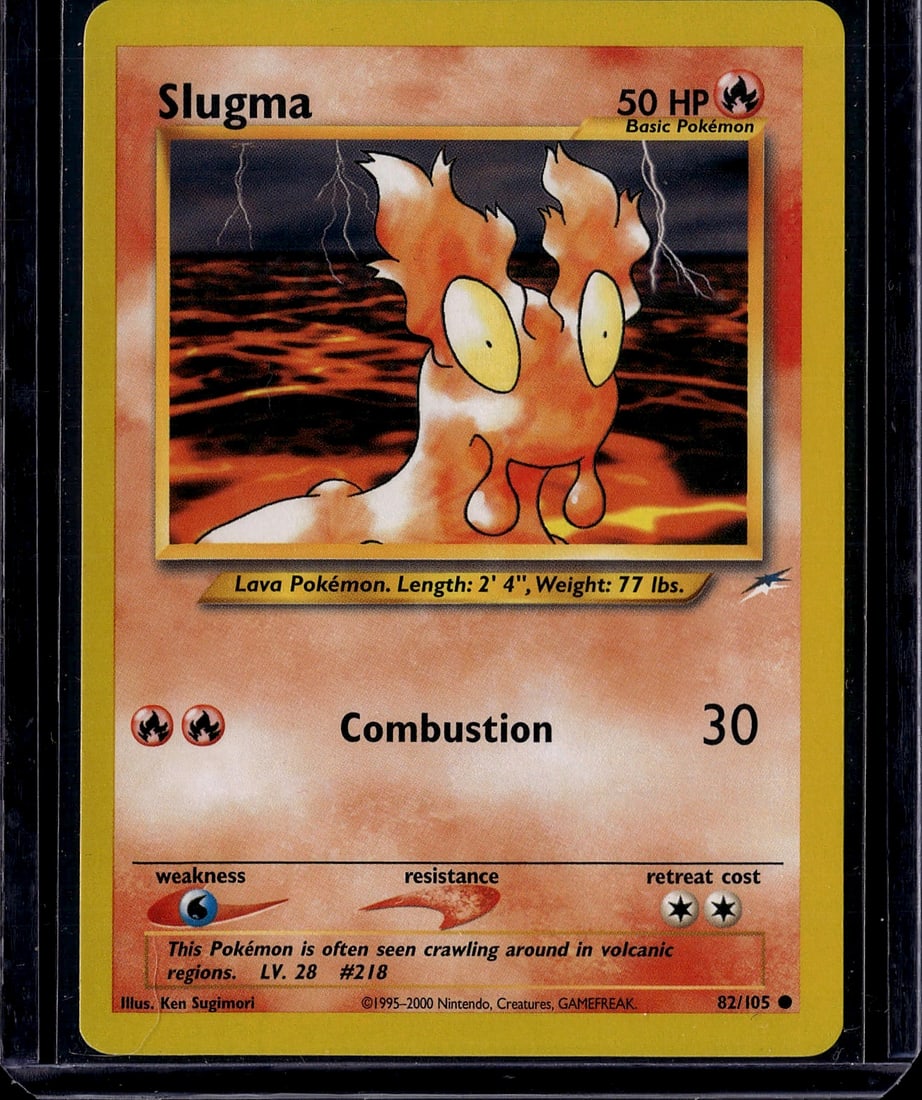 Slugma Neo Genesis 82/105 Pokemon Card - Lava Pok: This is a vintage Slugma Pokemon card from the Neo Genesis set (82/105), originally released in 2000 by Nintendo and GAMEFREAK. Slugma is a Basic Lava-type Pokemon with 50 HP, illustrated by Ken Sugim