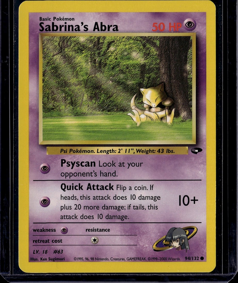 Sabrina's Abra 94/132 Gym Heroes Pokemon Card 199: This is an authentic Sabrina's Abra Pokemon trading card from the vintage Gym Heroes set (1999), card number 94/132. This Basic Psychic-type Pokemon features 50 HP and iconic artwork by Ken Sugimori d
