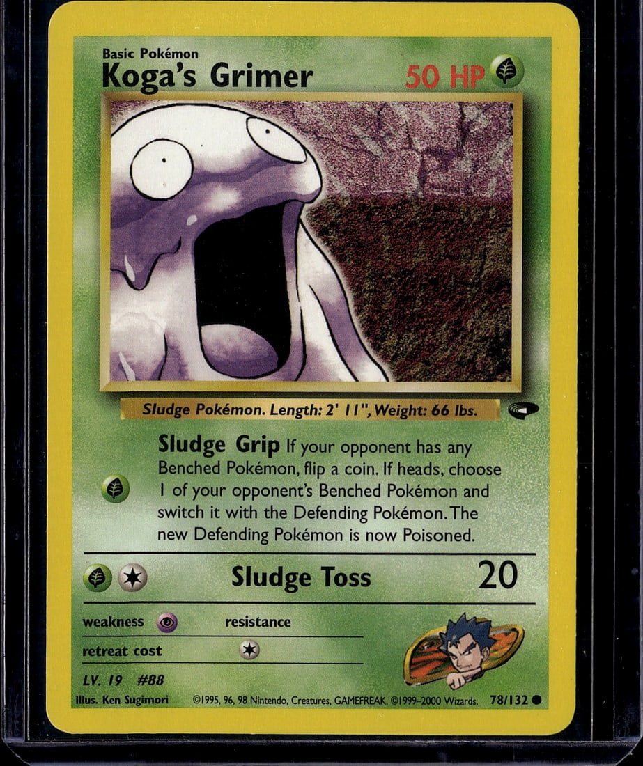 Koga's Grimer 78/132 Base Set Pokemon Card 1999 W: This is an original 1999 Wizards of the Coast Pokemon Base Set single card featuring Koga's Grimer, card number 78/132. The card depicts the classic Sludge Pokemon with its signature moves Sludge Grip