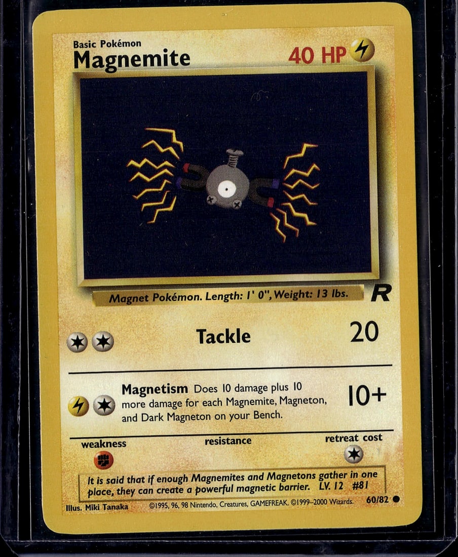 Magnemite 60/82 Base Set Pokemon Card 1999 - Vint: This is an original Magnemite Pokemon trading card from the classic Base Set, released in 1999. Card number 60/82, this Electric-type Basic Pokemon features the iconic magnet design illustrated by Mik