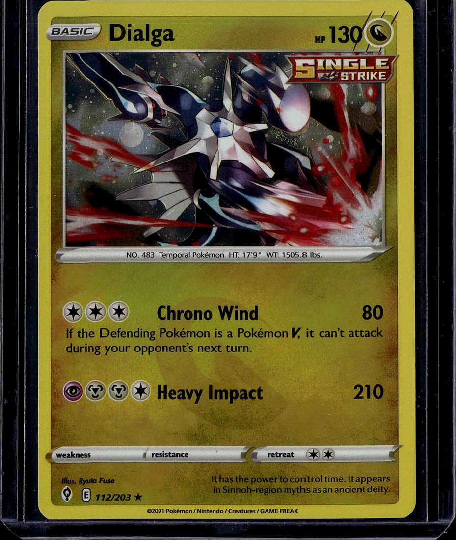 Dialga 112/203 Brilliant Stars Pokemon Single Car: This is a raw Dialga Pokemon trading card from the 2021 Brilliant Stars set, card number 112/203. Dialga is a Temporal Pokemon and Legendary creature known for its ability to control time. The card fe