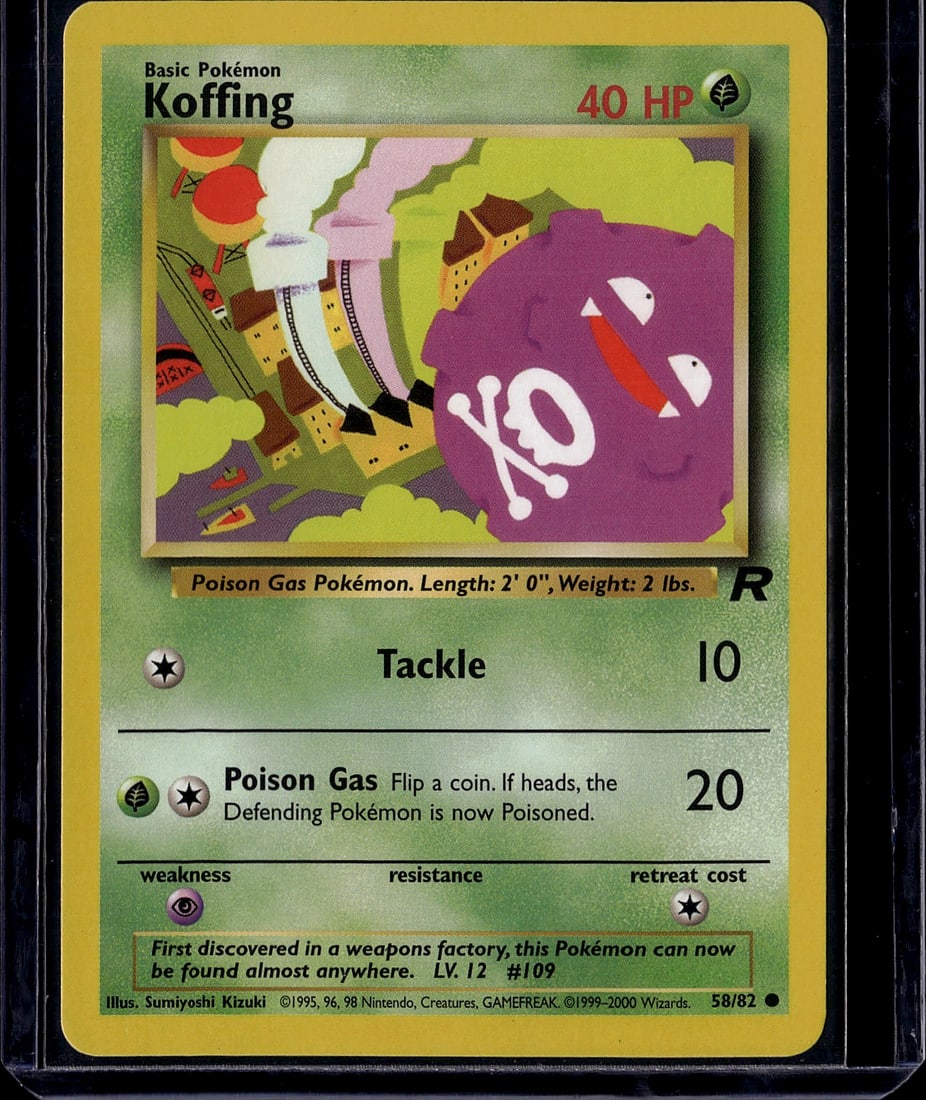 Koffing Base Set 58/82 Pokemon Card 1999 Vintage: This is an authentic Koffing Pokemon trading card from the Base Set, released in 1999. Card number 58/82, this Basic Grass-type Poison Gas Pokemon features the classic artwork by Sumiyoshi Kizuki and 