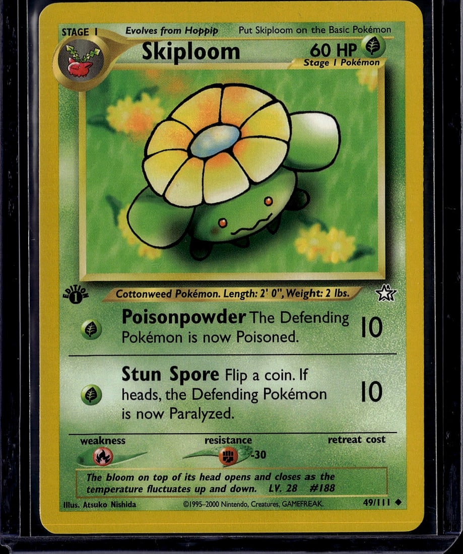 Skiploom Neo Genesis 49/111 Pokemon Card Single: This is a raw Skiploom Pokemon card from the Neo Genesis set (card #49/111), released in 2000 by Nintendo. Skiploom is a Stage 1 Grass-type Pokemon that evolves from Hoppip, featuring 60 HP and the