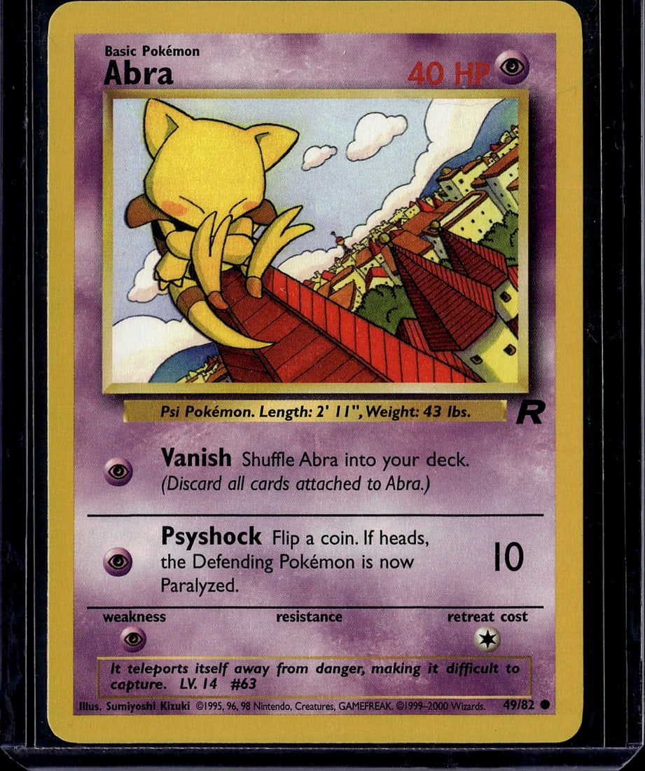 Abra Base Set 43/102 Vintage Pokemon Card 1999 Un: This is an authentic vintage Abra Pokemon card from the Base Set, released in 1999 by The Pokemon Company and illustrated by Sumiyoshi Kizuki. The card features the iconic Psi Pokemon perched on a red