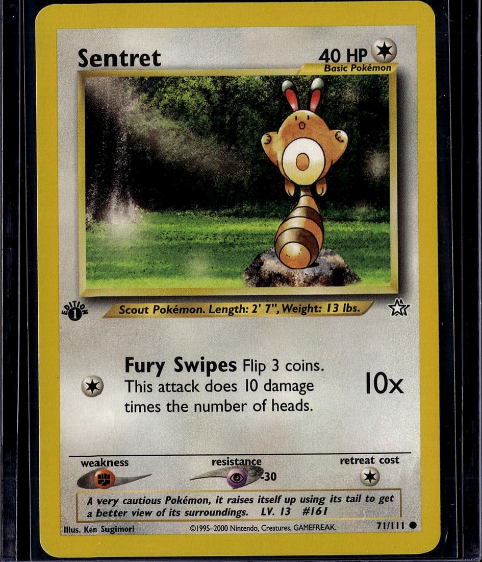 Sentret 7/111 Neo Genesis Pokemon Card 2000 Scout: This is a raw Sentret Pokemon card from the Neo Genesis set, released in 2000 by The Pokemon Company. Card number 7/111, this is a Basic Scout Pokemon featuring the distinctive brown and tan creature