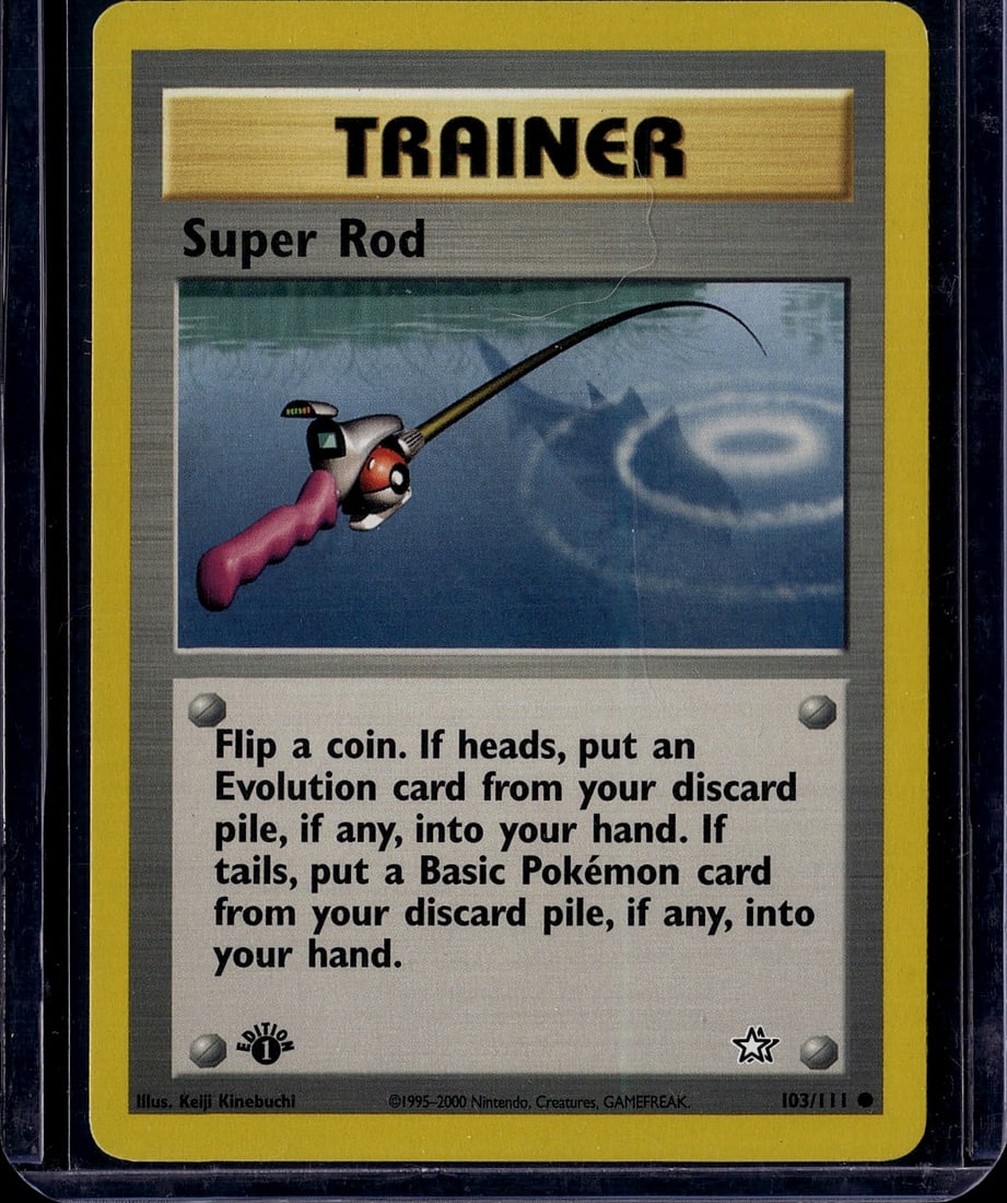 Super Rod Trainer Pokemon Card 103/111 Gym Heroes: This is a vintage Pokemon Trainer card titled Super Rod from the Gym Heroes set, released in 2000 by Nintendo. Card number 103/111 features the iconic fishing rod artwork illustrated by Keiji Kinebuch