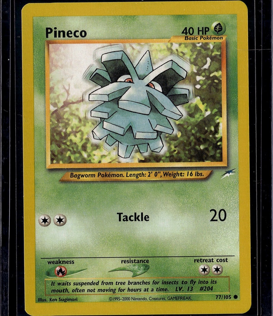 Pineco 77/105 Neo Genesis Pokemon Card Single - N: This is an ungraded Pineco Pokemon trading card from the Neo Genesis set, card number 77/105. Pineco is a Grass-type Basic Pokemon featuring the classic Bagworm design at 2' 0" tall and weighing 16