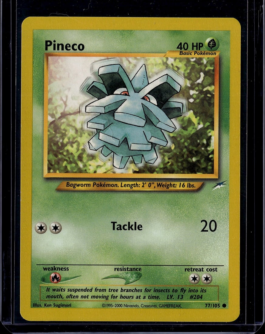Pineco Base Set 77/105 Pokemon Card - Bagworm Vin: This is an authentic Pineco Pokemon card from the Base Set, card #77 out of 105. Released in 2000 by Nintendo and illustrated by Ken Sugimori, this Grass-type Basic Pokemon features 40 HP and the Tack
