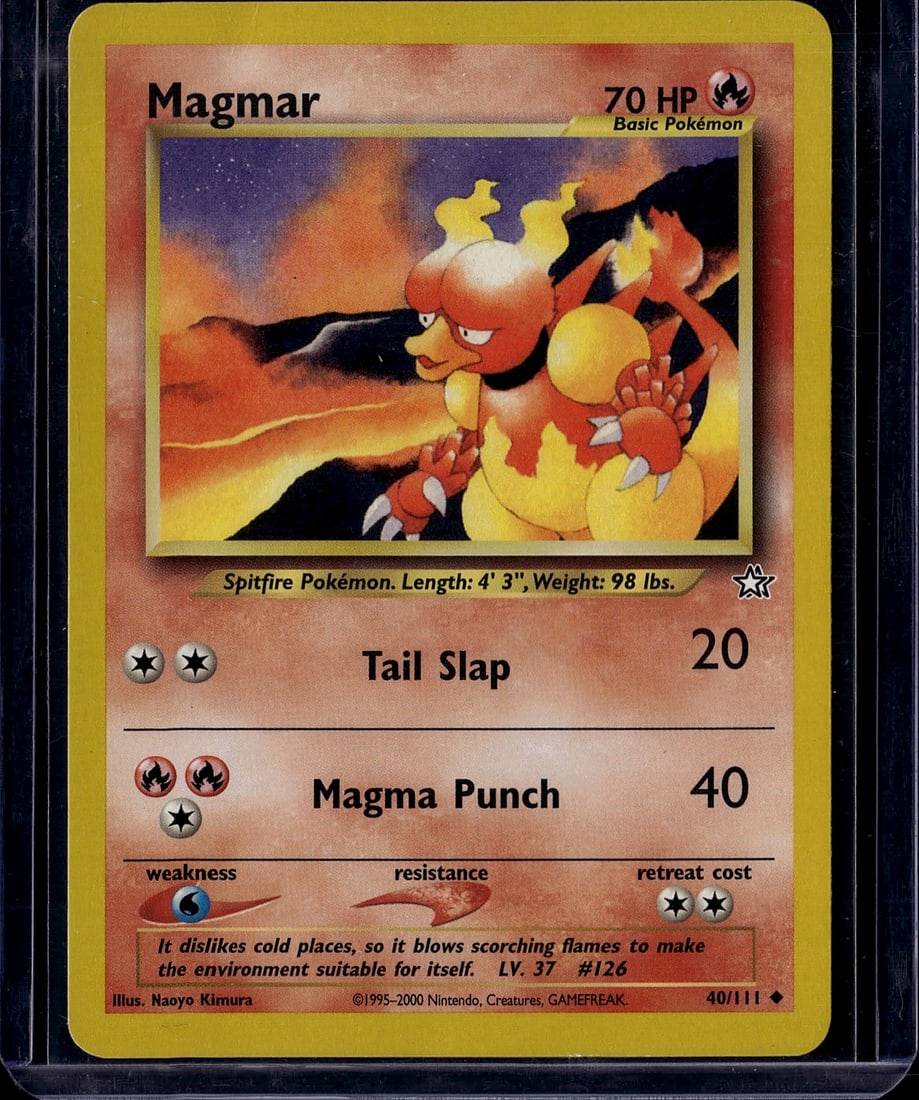 Magmar 40/111 Base Set Pokemon Card Single - Vint: This is a vintage Magmar Pokemon trading card from the Base Set, released in 2000 by The Pokemon Company and illustrated by Naoyo Kimura. Card number 40/111, this Fire-type Basic Pokemon features 70 H