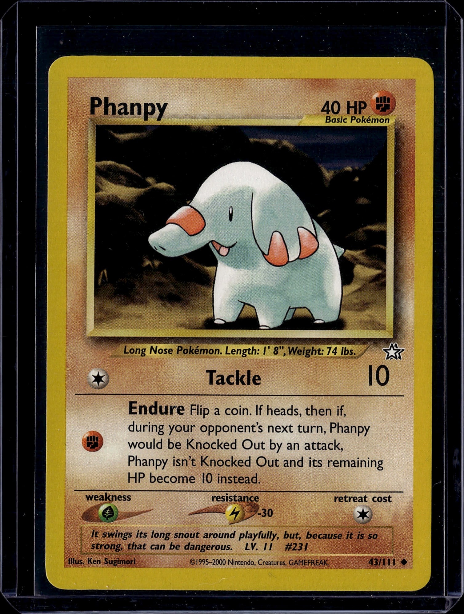 Phanpy Neo Genesis 43/111 Pokemon Card - Ungraded: This is an ungraded Phanpy Pokemon card from the Neo Genesis set (43/111), published by The Pokemon Company in 2000. Phanpy is a Basic Pokemon with 40 HP featuring the iconic Long Nose Pokemon artwork