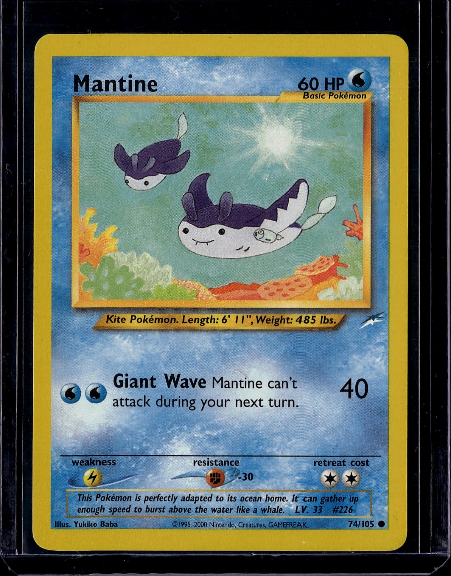 Mantine 74/105 Neo Genesis Pokemon Card Single -: This is a vintage Mantine Pokemon trading card from the Neo Genesis set, card #74/105. Mantine is a Water-type Kite Pokemon with 60 HP and features the Giant Wave attack that deals 40 damage while pre