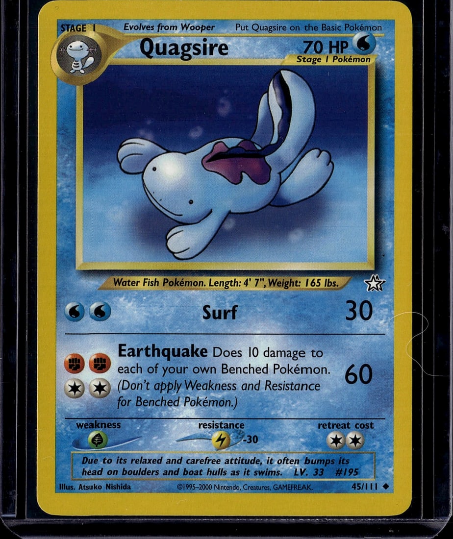 Quagsire 45/111 Neo Genesis Pokemon Card Stage 1: This is a raw Quagsire Stage 1 Pokemon card from the Neo Genesis set, card number 45/111. Released around 2000, this vintage water-type Pokemon features the original artwork by Atsuko Nishida and show