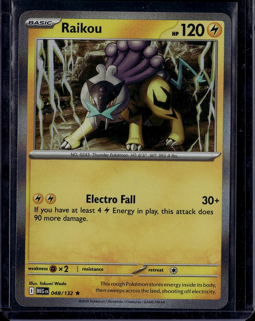 Raikou 048/132 Scarlet & Violet Pokemon Card - Th: This is a raw Raikou Pokemon card from the Scarlet & Violet set, card number 048/132. Raikou is a Basic Thunder-type Pokemon with 120 HP, illustrated by Takumi Wada. The card features the attack "Elec
