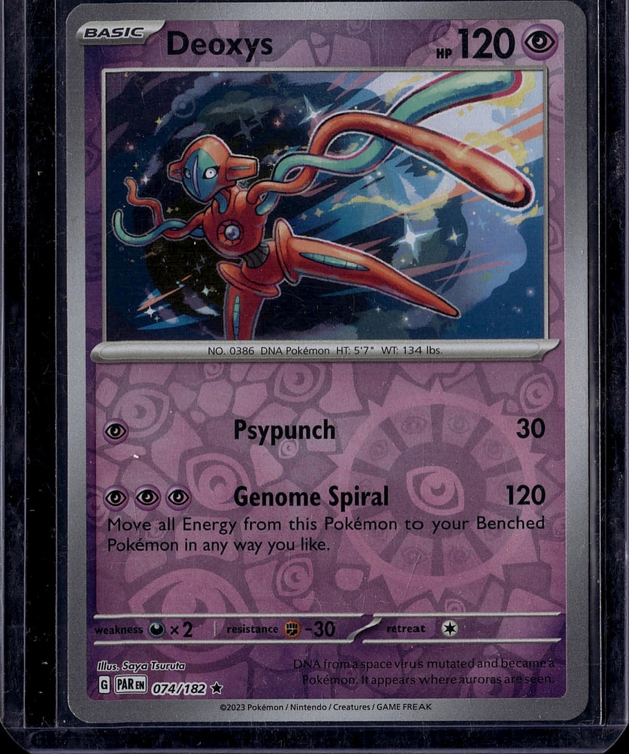 Deoxys 074/182 Pokemon Scarlet Violet Basic Psych: This is a raw Pokemon single from the modern Scarlet & Violet set, featuring Deoxys (No. 0386), a DNA Pokemon with 120 HP. The card displays vibrant artwork depicting the iconic alien-like creature in