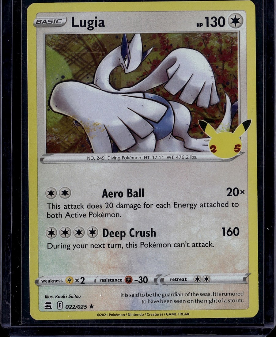 Lugia Basic Pokemon Card 022/025 Evolving Skies 2: This is a raw Lugia Basic Pokemon single card from the 2021 Evolving Skies set, card number 022/025. Lugia is a legendary Diving Pokemon featuring two attacking moves: Aero Ball (20 damage per Energy 