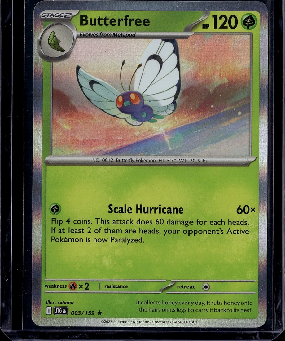 Butterfree 003/159 Pokemon Scarlet & Violet Stage: This is a raw Butterfree Pokemon trading card from the Scarlet & Violet set, card number 003/159. This Stage 2 Grass-type Pokemon features 120 HP and showcases beautiful artwork of the iconic butterfl