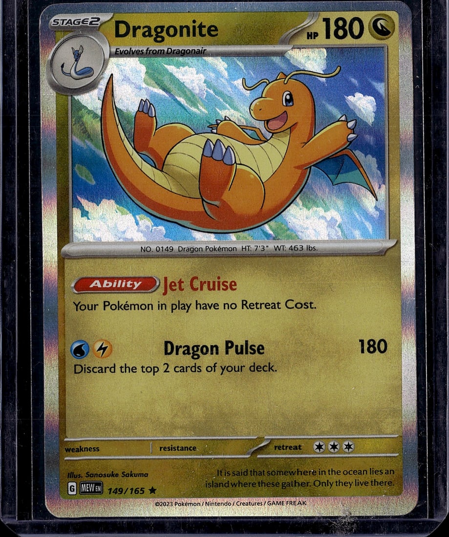 Dragonite 149/165 Scarlet & Violet Pokemon Card -: This is a raw Pokemon single featuring Dragonite, card #149/165 from the Scarlet & Violet set. Dragonite is a Stage 2 Dragon-type Pokemon with 180 HP that evolves from Dragonair. The card showcases Dr