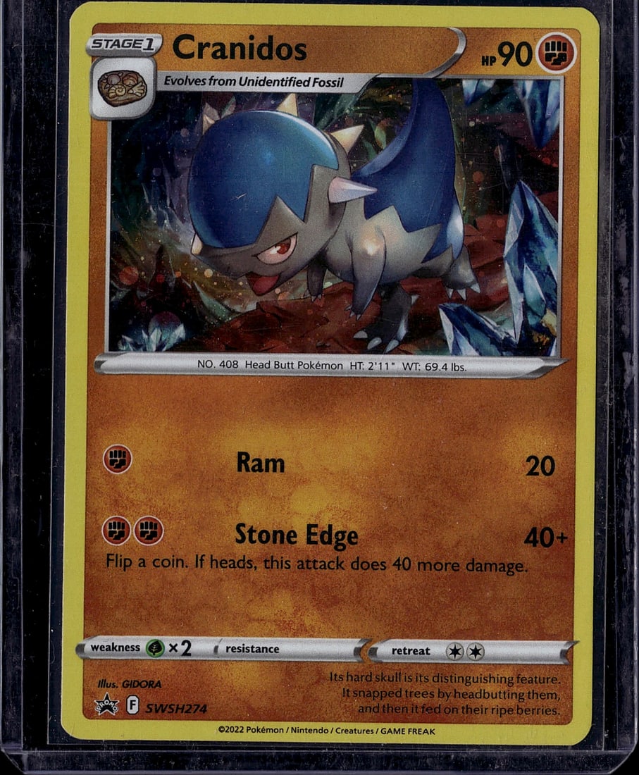 Cranidos #408 Pokemon Card SWSH274 Stage 1 Head B: This is a raw Pokemon single featuring Cranidos, card #408 from the Sword & Shield era set. The card shows excellent centering and vibrant colors typical of modern Pokemon TCG production. Cranidos is 