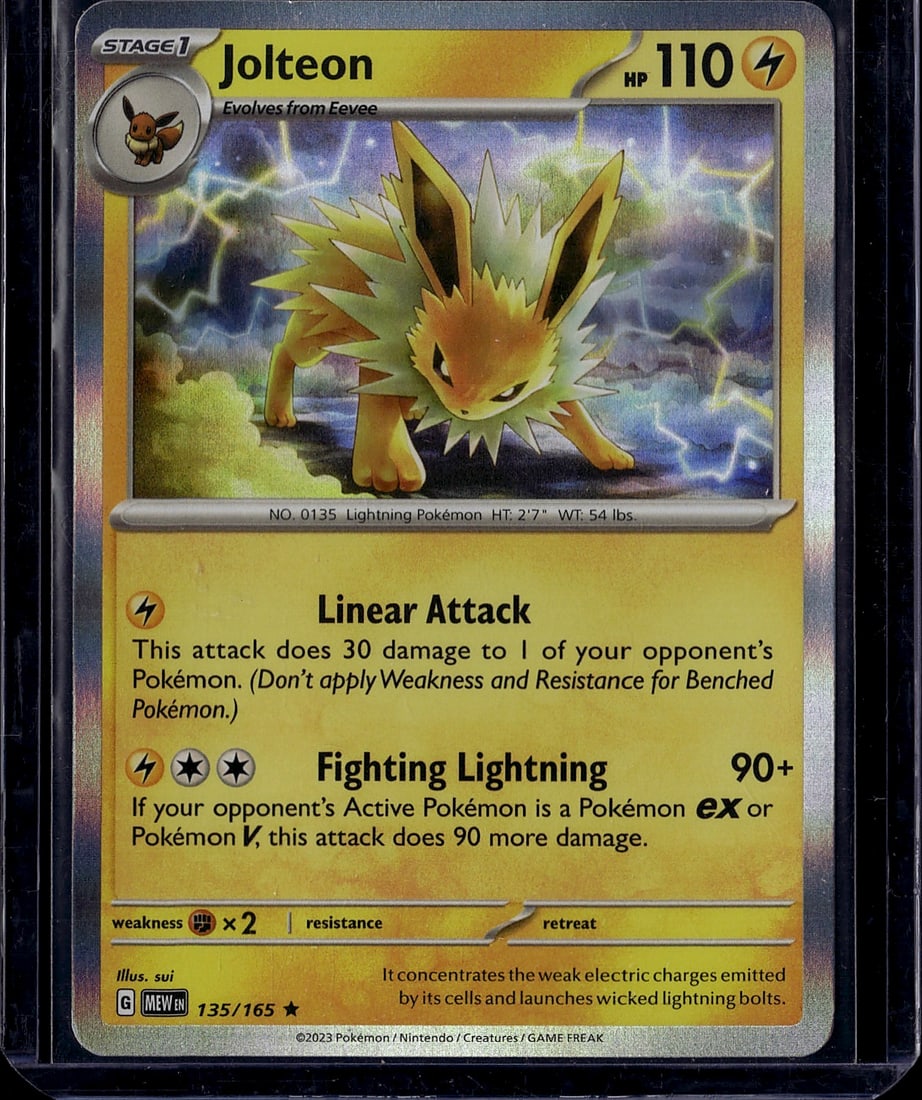 Jolteon 135/165 Scarlet & Violet Pokemon Card Sta: This is a raw Jolteon Stage 1 Pokemon card from the Scarlet & Violet set, card number 135/165. Jolteon is a Lightning-type Pokemon with 110 HP that evolves from Eevee. The card features vibrant artwor