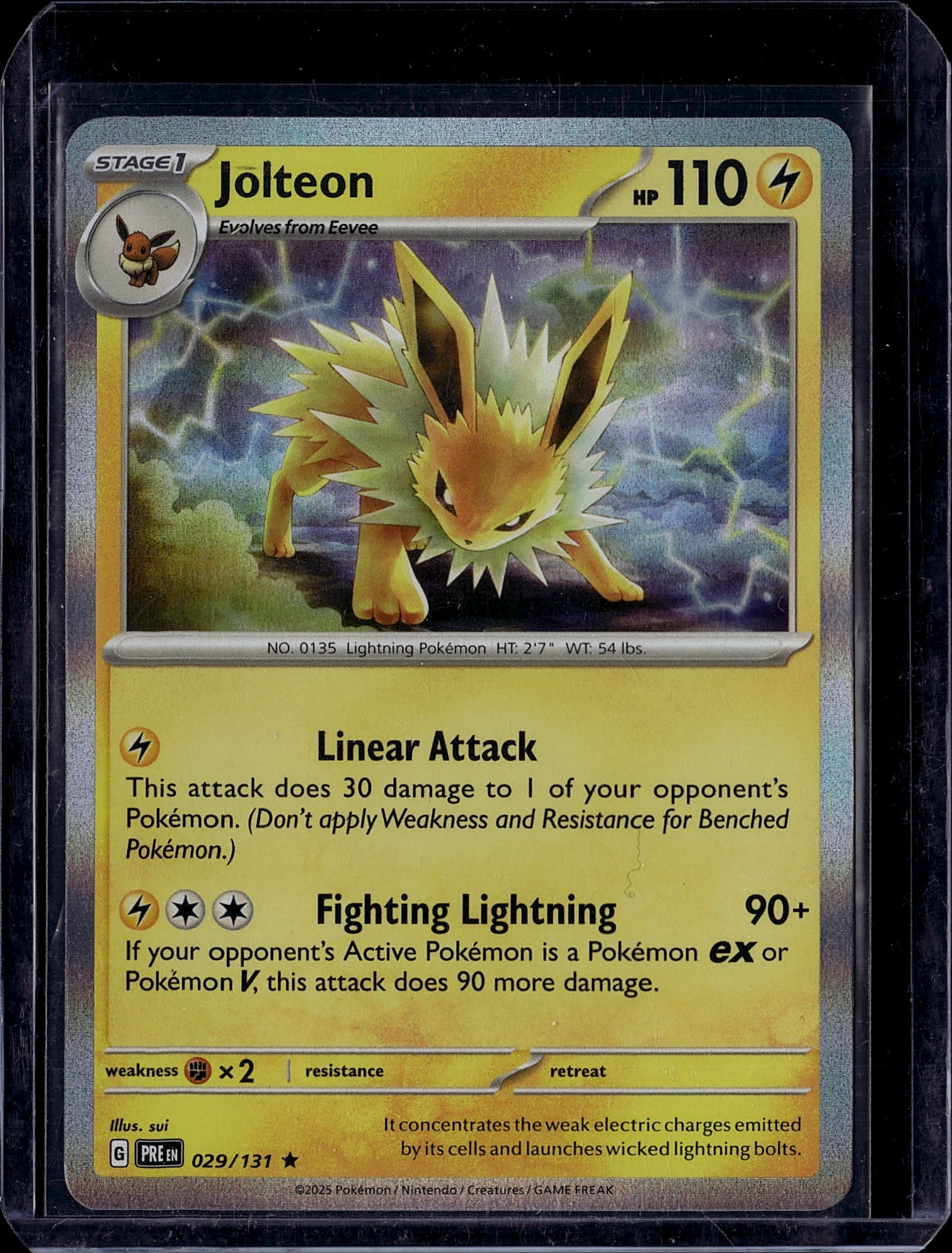 Jolteon 029/131 Pokemon Scarlet & Violet Lightnin: This is a raw Jolteon Pokemon card from the Scarlet & Violet set, card number 029/131. Jolteon is a Stage 1 Lightning-type Pokemon that evolves from Eevee with 110 HP. The card features vibrant artwor
