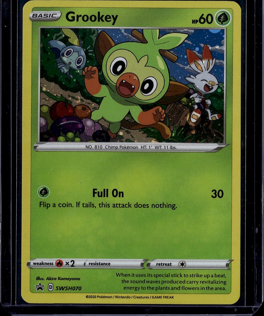 Grookey 810 Pokemon Sword & Shield Basic Grass Si: This is a raw Grookey Pokemon card from the Sword & Shield set, card number 810. Grookey is a Basic Grass-type Chimp Pokemon with 60 HP, featuring the attack "Full On" that deals 30 damage with a coin