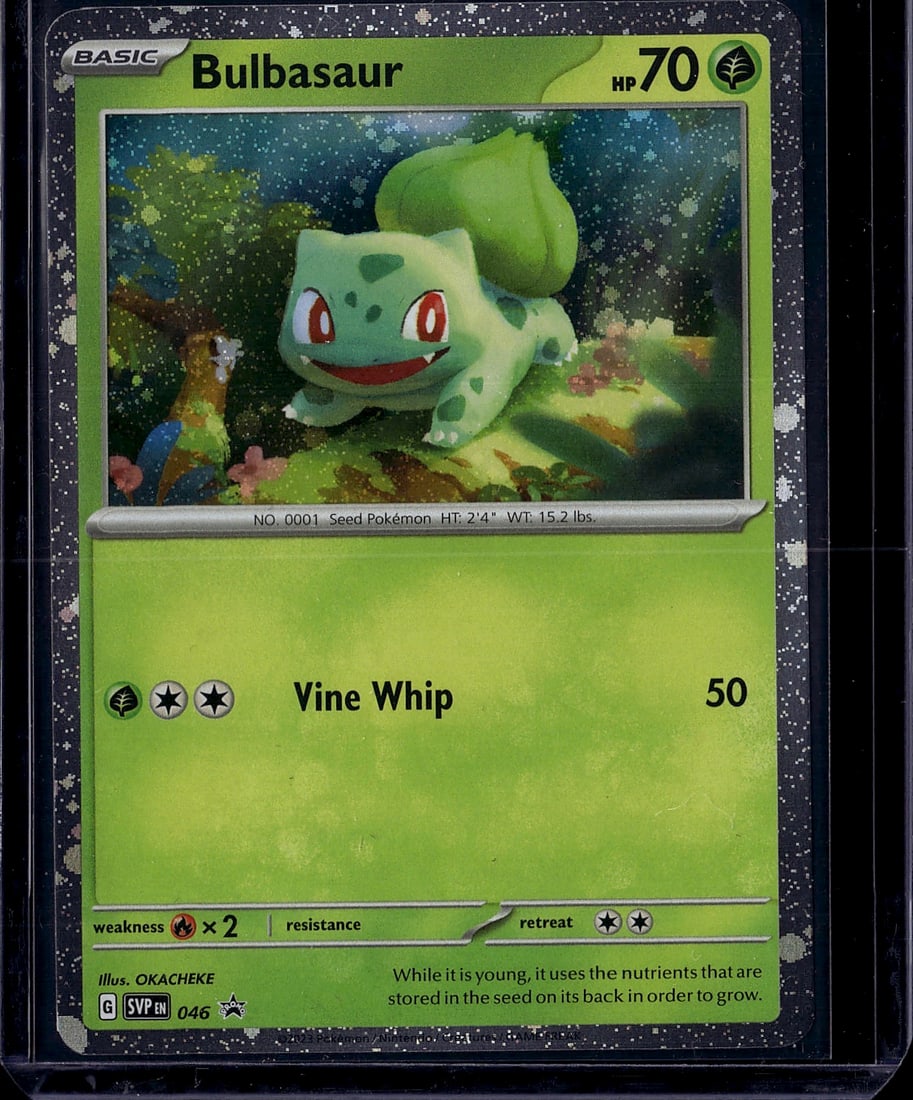 Bulbasaur 046 Sword & Shield Pokemon TCG Single C: This is a raw Bulbasaur Pokemon trading card from the Sword & Shield set, card number 046. It features the classic Grass-type Seed Pokemon with its distinctive bulb and cheerful expression,