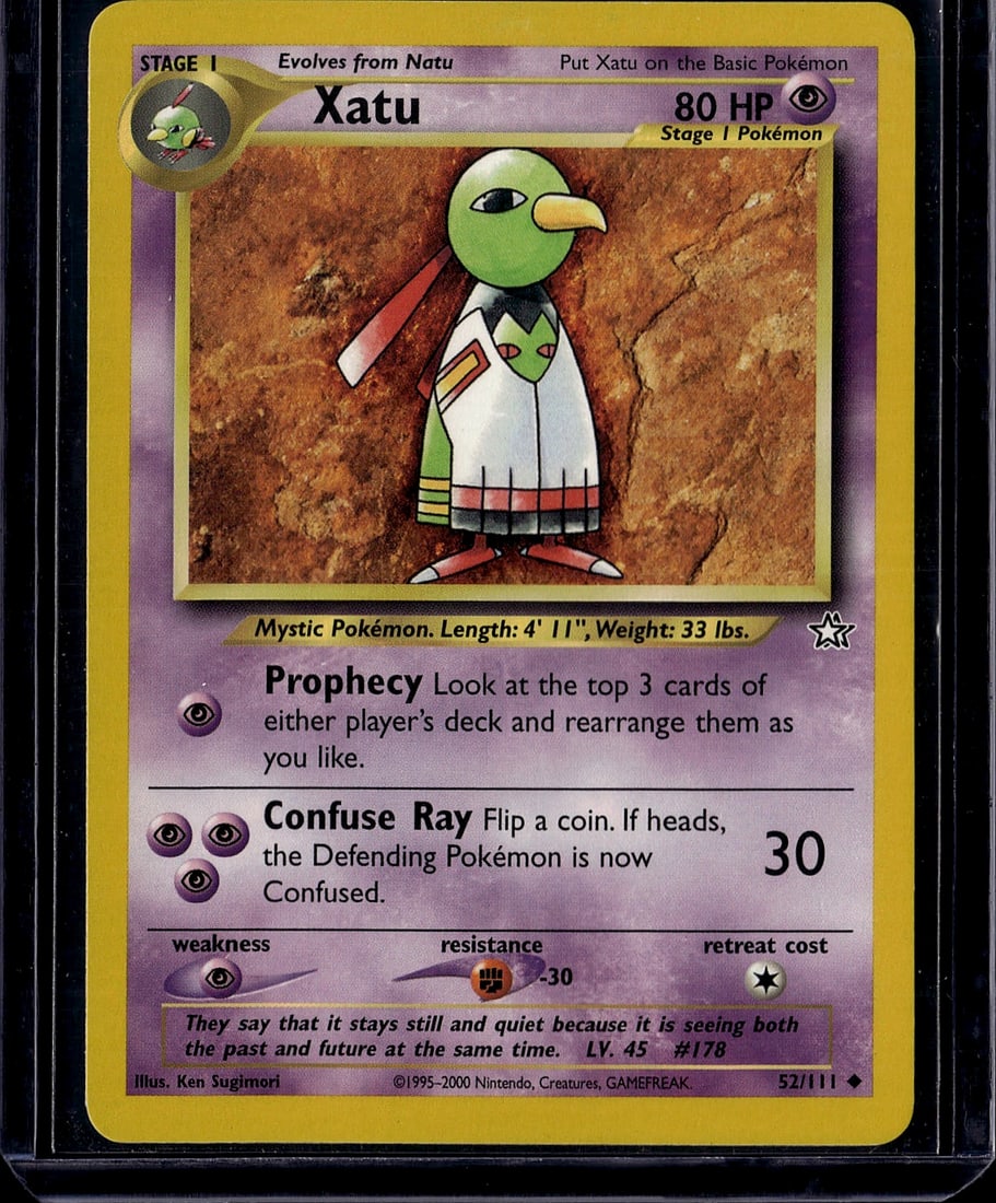 Xatu 52/111 Neo Revelation Pokemon Card Stage 1 P: This is a raw vintage Pokemon single from the Neo Revelation set, featuring Xatu, a Stage 1 Psychic-type Pokemon that evolves from Natu. The card is ungraded and displays the classic Ken Sugimori artw