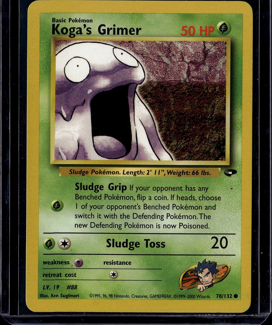 Koga's Grimer 78/132 Gym Heroes 1999 Pokemon Sing: This is an authentic Koga's Grimer card from the Gym Heroes set, released in 1999 by The Pokemon Company. Card #78/132 features the Sludge Pokemon with vibrant artwork by Ken Sugimori. The card displa