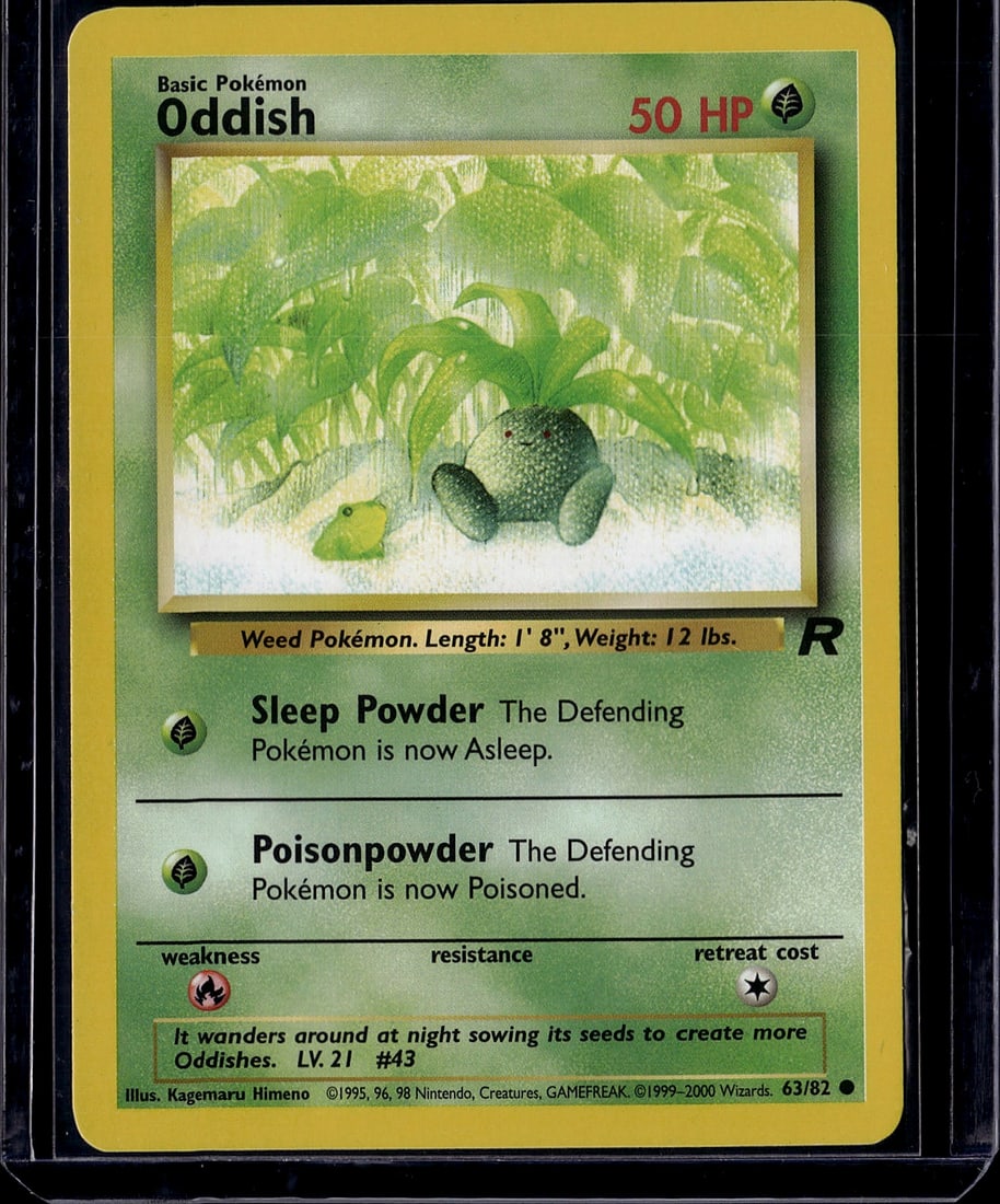 Oddish Base Set 63/82 Vintage Pokemon Card 1999 T: This is an original Oddish Pokemon trading card from the iconic Base Set, released in 1999 by The Pokemon Company and illustrated by Kagemaru Himeno. Card #63/82 features the classic Weed Pokemon with