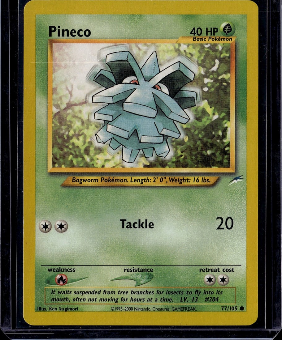 Pineco 77/102 Base Set Pokemon Card 1999 Bagworm: This is an ungraded Pineco Pokemon card from the iconic Base Set released in 1999. Card number 77/102 features the Bagworm Pokemon with 40 HP and a single Grass-type attack: Tackle, which deals 20 dam