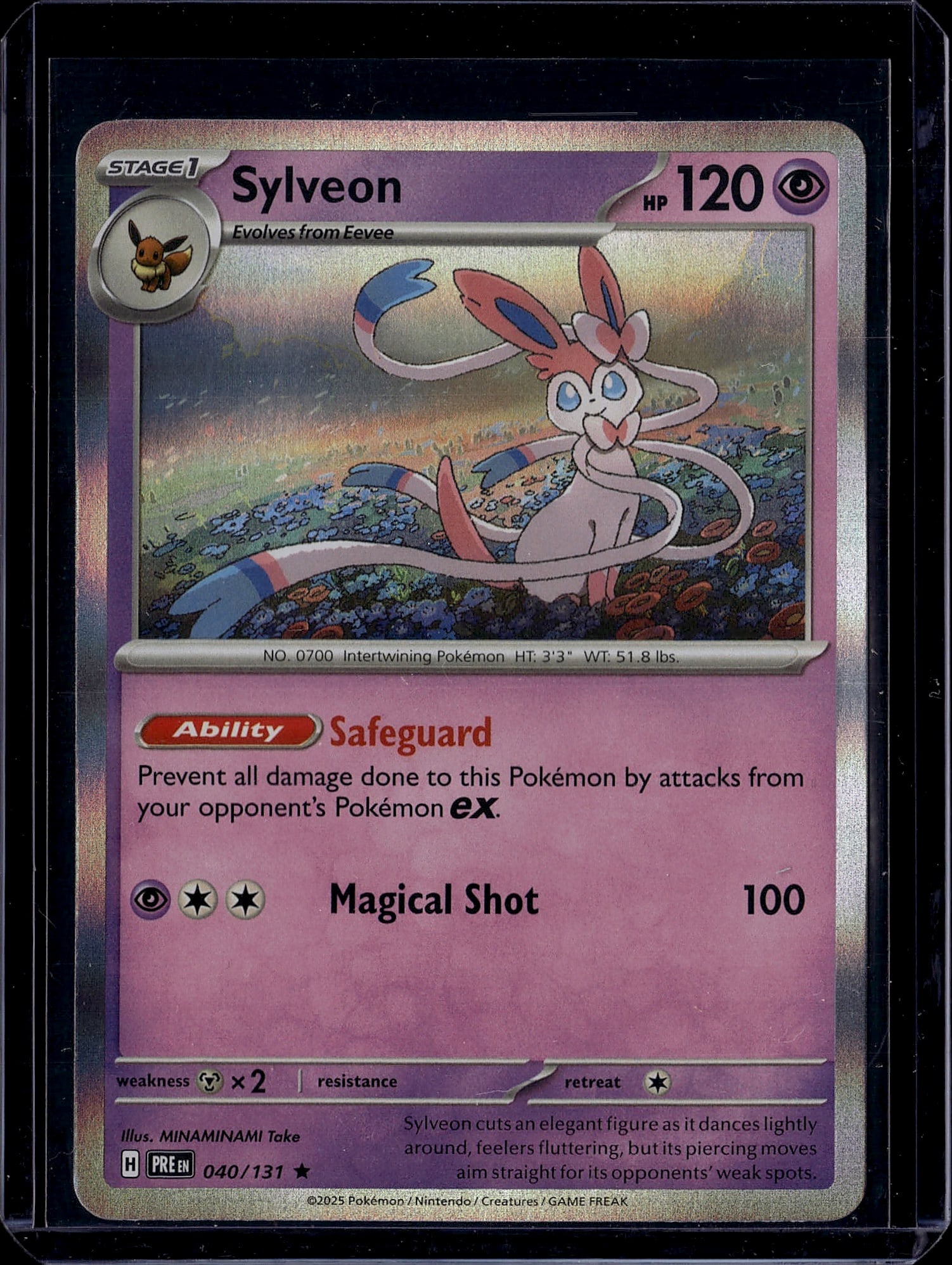 Sylveon 040/131 Pokemon Card Scarlet Violet Stage: This is a raw Sylveon Pokemon trading card from the Scarlet & Violet set, card number 040/131. Sylveon is a Stage 1 Psychic-type Pokemon that evolves from Eevee, featuring 120 HP and the Safeguard abi
