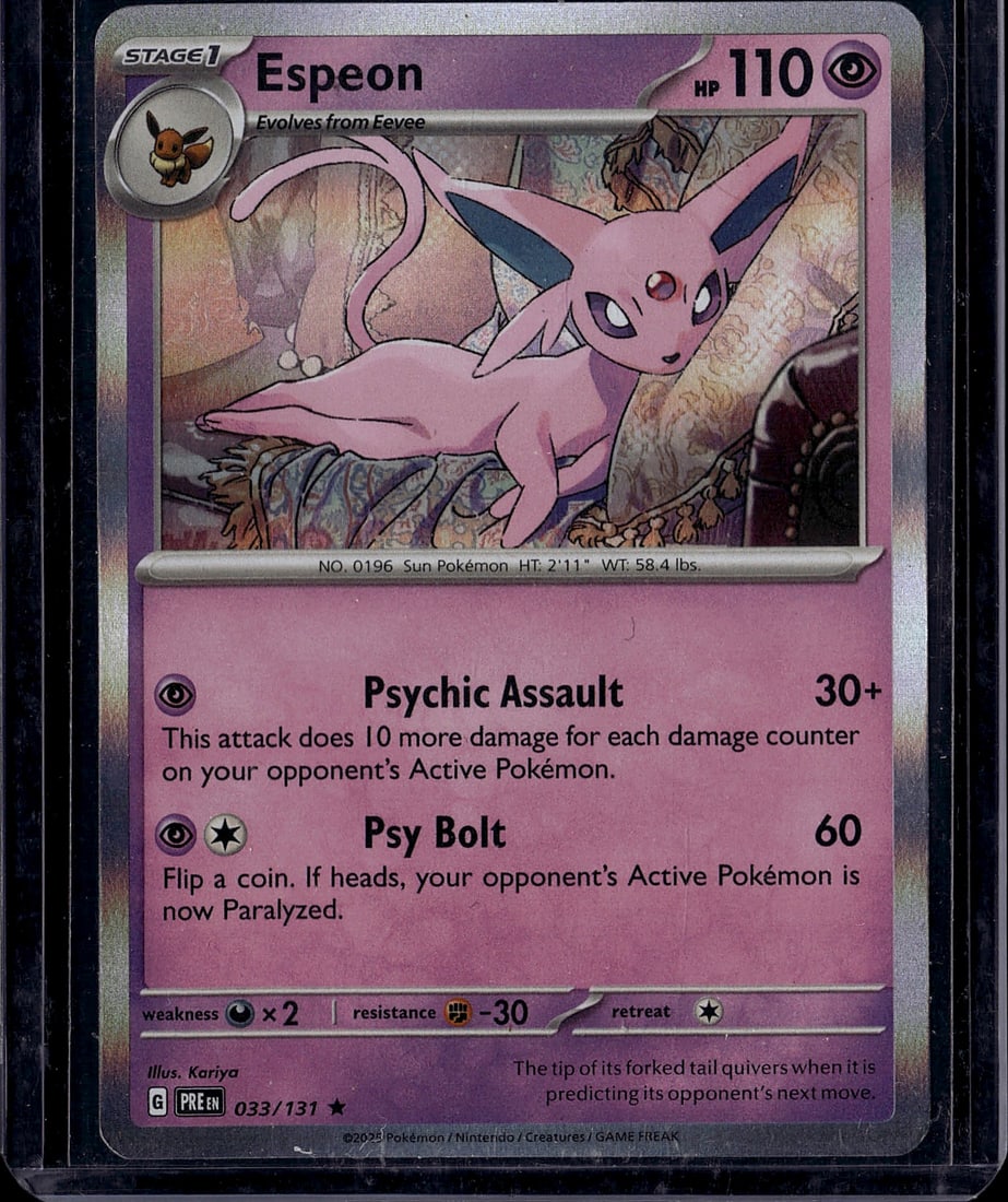 Espeon 033/131 Scarlet & Violet Pokemon Card Sing: This is a raw Espeon Pokemon Trading Card from the Scarlet & Violet set, card number 033/131. The card features beautiful artwork by Kariya depicting the psychic-type evolution of Eevee in Near Mint c