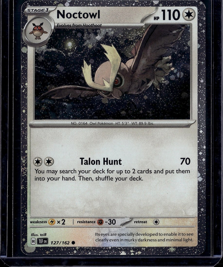 Noctowl 127/162 Scarlet Violet Pokemon Card Singl: This is a raw Noctowl Pokemon card from the Scarlet & Violet set, card number 127/162. Noctowl is a Stage 1 Owl Pokemon with 110 HP and a Colorless-type classification. The card features the iconic Ta