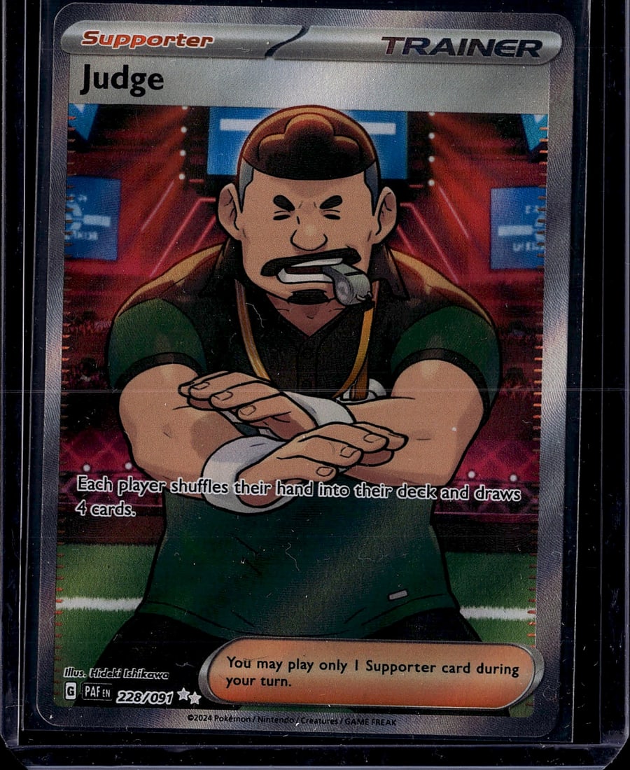 Judge Supporter Trainer Pokemon Card 228/091 Scar: This is a raw Pokemon Supporter Trainer card featuring Judge from the Scarlet & Violet set (2024). The card number is 228/091 and depicts an authoritative judge character in green and black official a