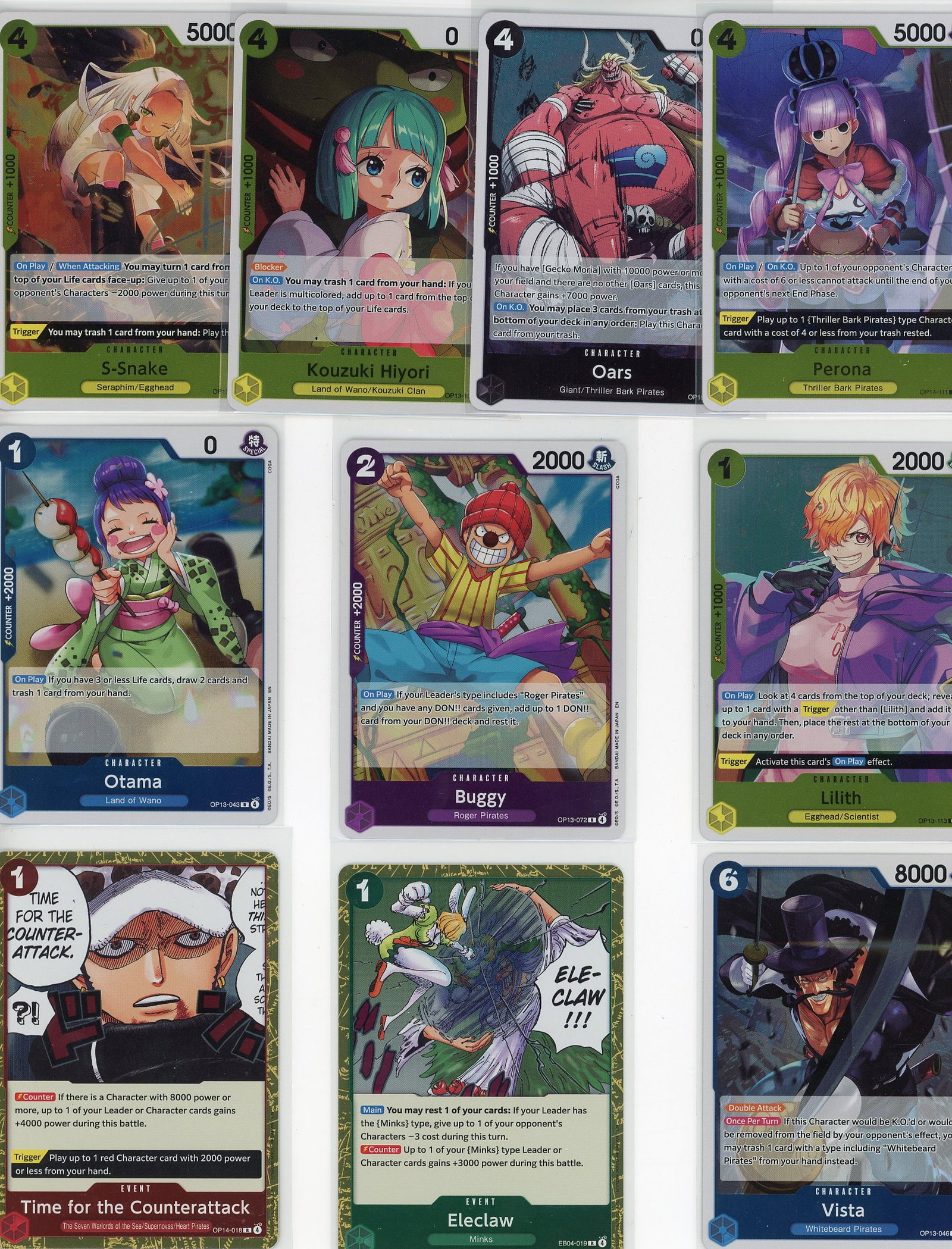 Lot of 10 One Piece Foil Character Cards - Bandai: This lot contains 10 authentic One Piece foil character cards from Bandai's popular trading card game. The collection features multiple characters including Shakee, Kouzuki Hiyori, Oars, Perona, Otama