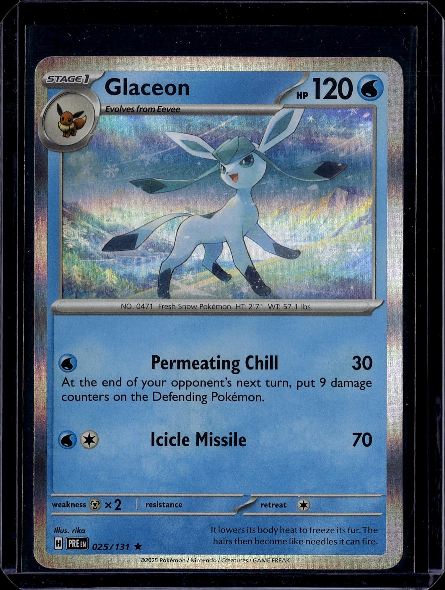 Glaceon 025/131 Pokemon Scarlet Violet Stage 1 Wa: This is a raw Glaceon Pokemon trading card from the Scarlet & Violet set, card number 025/131. Glaceon is a Stage 1 Water-type Pokemon that evolves from Eevee, featuring 120 HP. The card displays beau