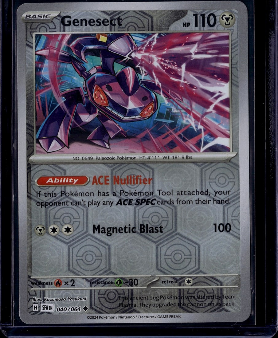 2024 Genesect 040/064 Scarlet Violet Shrouded Fab: Genesect 040/064 is an Uncommon Basic Metal-type card from the Scarlet & Violet: Shrouded Fable set (set code SFA/SV6.5), released in 2024. It has 110 HP and features the ACE Nullifier Ability, which 