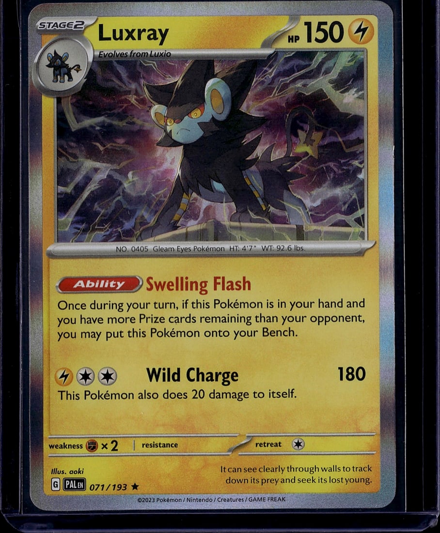 2023 Pokemon Scarlet Violet Paldea Evolved Luxray: Luxray 071/193 is a Stage 2 Lightning-type Pokemon card from the Scarlet & Violet: Paldea Evolved set, released in 2023. It has 150 HP and is a Rare Holo, available in both Holofoil and Reverse Holofo