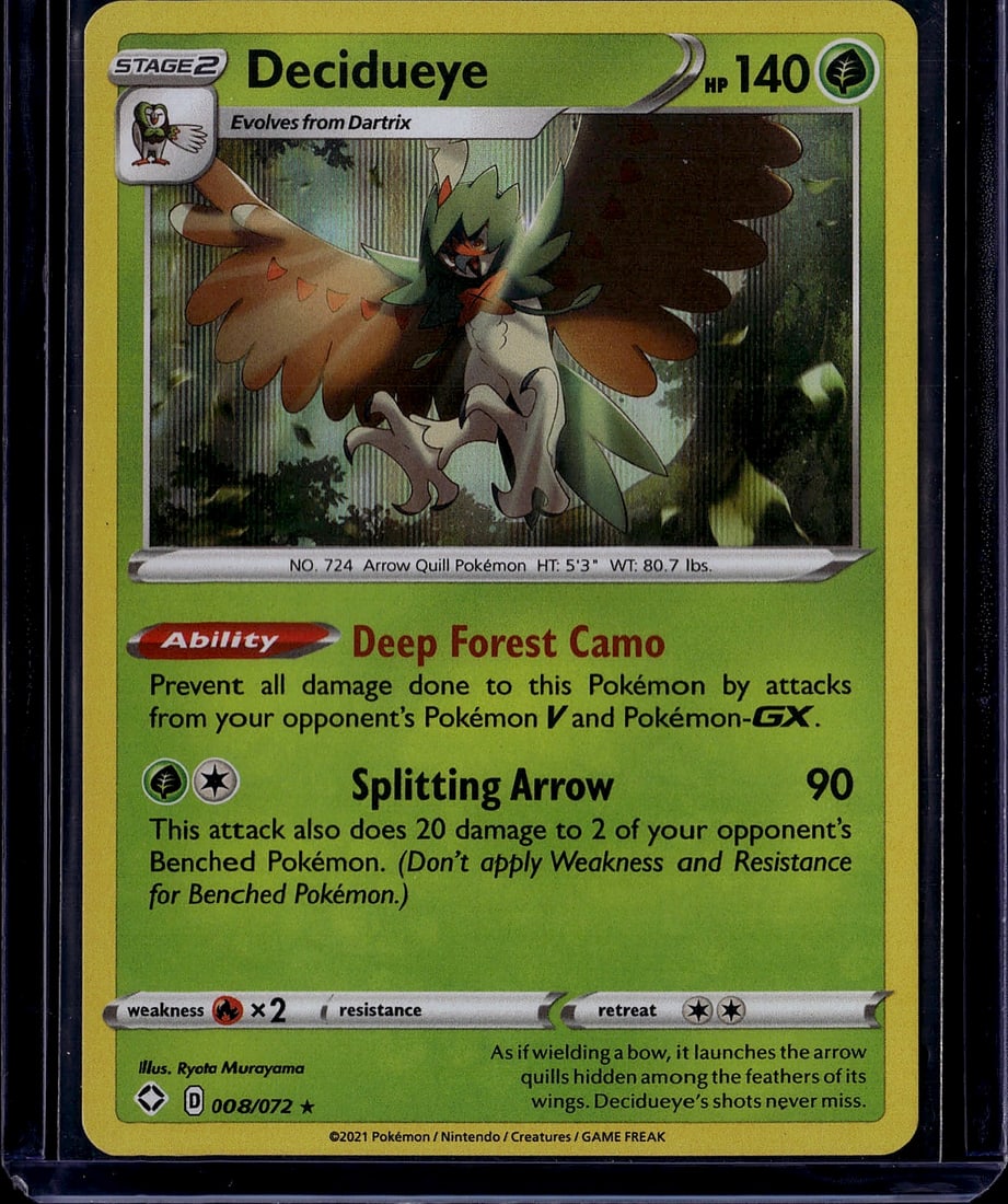 2021 Pokemon Sword Shield Shining Fates Decidueye: Decidueye 008/072 is a Stage 2 Holo Rare Grass-type Pokemon card from the Sword & Shield: Shining Fates expansion, released in February 2021. It features artwork by Ryota Murayama and is a reprint of 