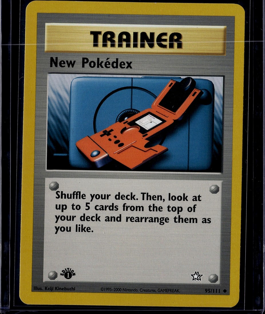 2000 Nintendo Neo Genesis Pokemon Card #95/111 Ne: New Pokedex is an Uncommon Trainer card from the Pokemon TCG Neo Genesis set (111 cards), released December 16, 2000. It was produced by Wizards of the Coast and allows the player to shuffle their dec