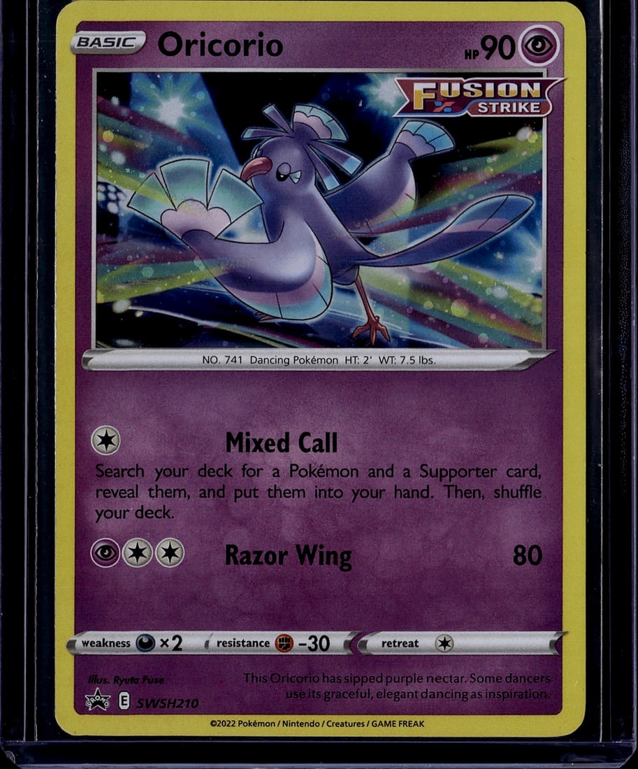 2022 Pokemon SWSH Black Star Promos Oricorio SWSH: Oricorio SWSH210 is a Psychic-type Basic Pokemon Cosmos Holofoil Black Star Promo card. It was released on May 27, 2022, included in Astral Radiance Single Pack Blisters. Its attack, Mixed Call, lets 